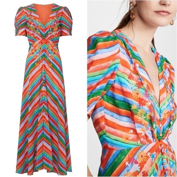 SALONI Silk Rainbow Floral Stripe‎ Puffed Short Sleeve Button Front Midi Dress 4 - Picture 16 of 16